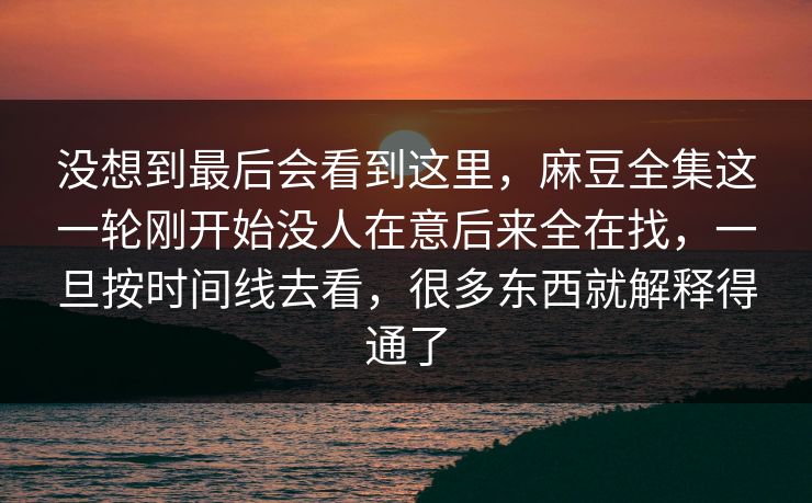 没想到最后会看到这里，麻豆全集这一轮刚开始没人在意后来全在找，一旦按时间线去看，很多东西就解释得通了